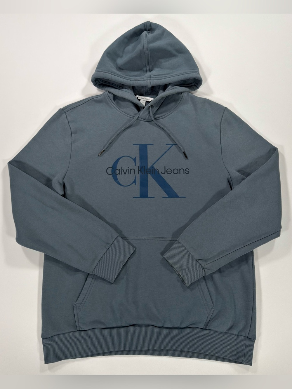 Calvin Klein Jeans Hoodie Mens M Blue Monogram Logo Fleece Pullover Sweatshirt - Picture 1 of 9